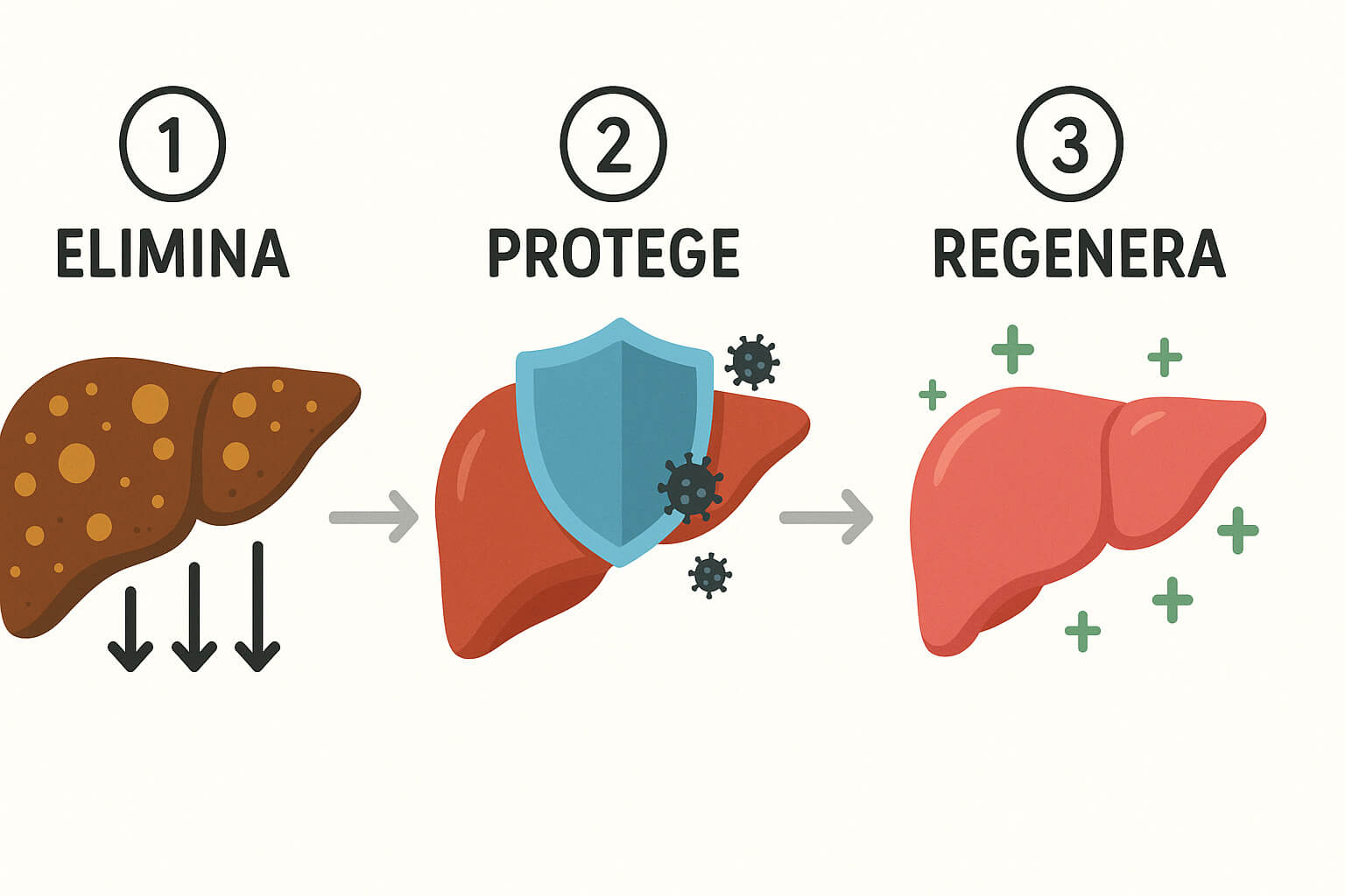 Ilustração didática mostrando fígado como esponja sendo limpo em 3 etapas