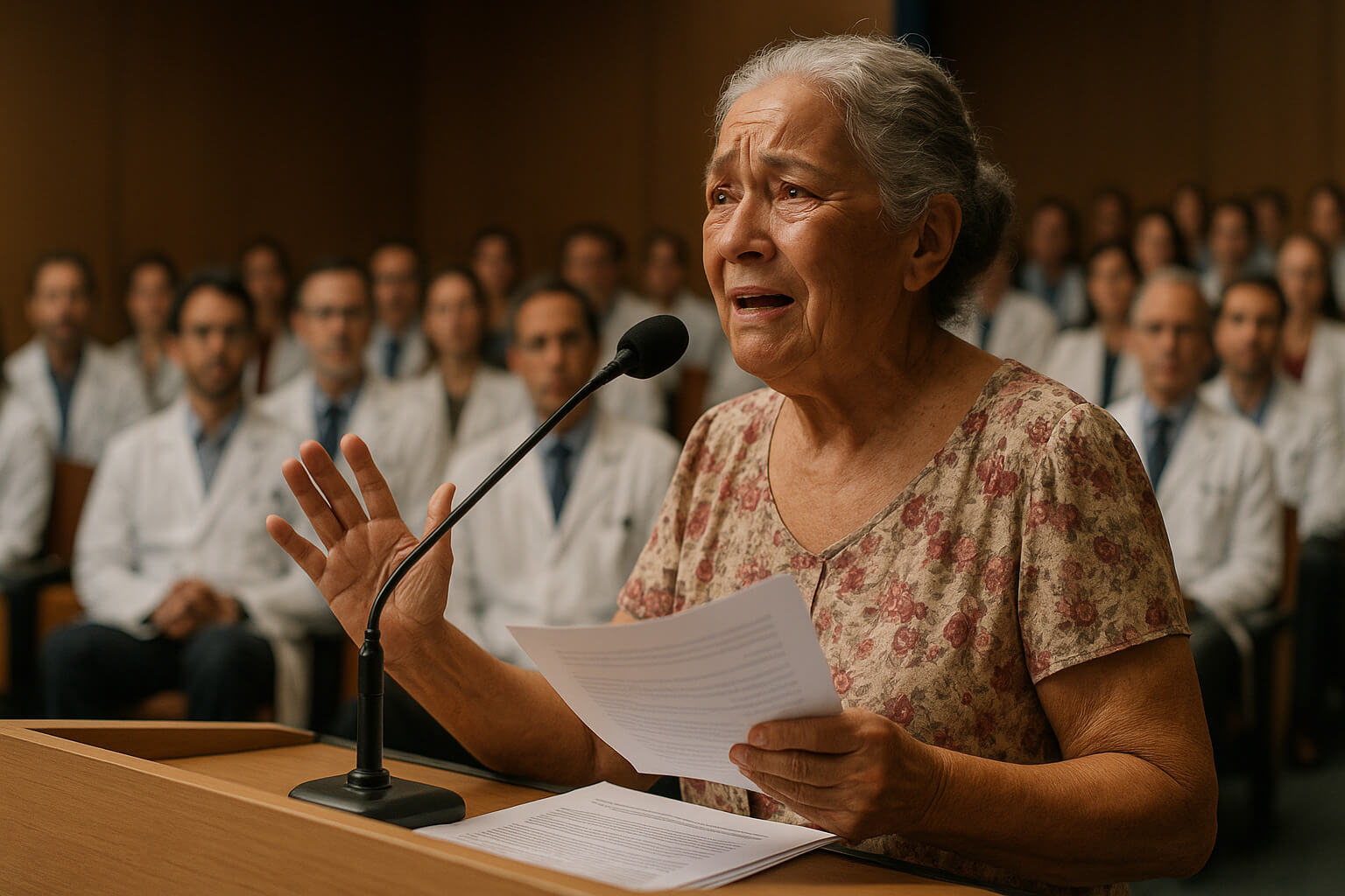 Dona Tereza no microfone, emocionada, mostrando seus exames