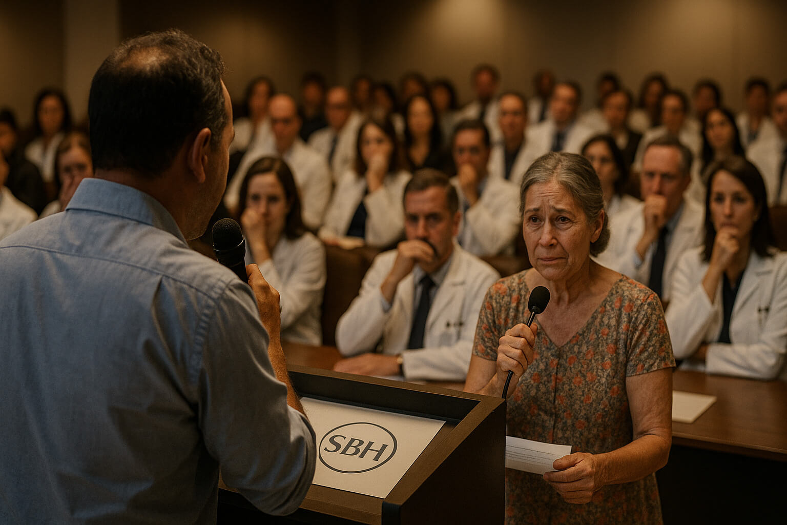 Homem de meia-idade chorando ao microfone, plateia visivelmente emocionada