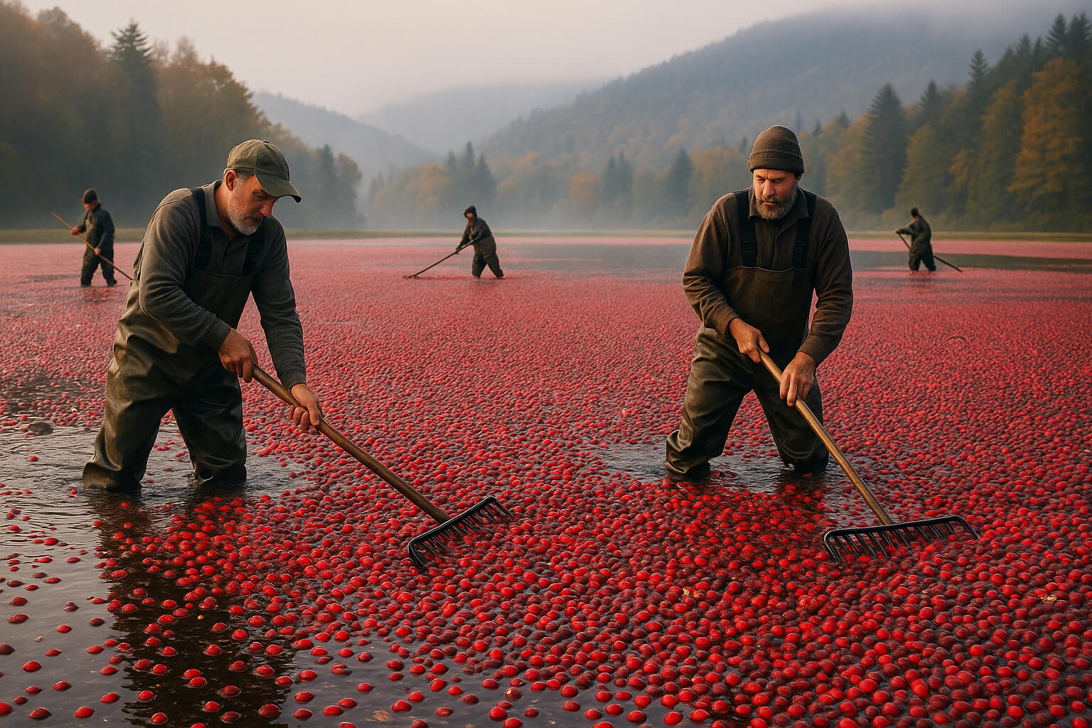 Plantação de cranberry orgânico no Canadá, com selo de certificação