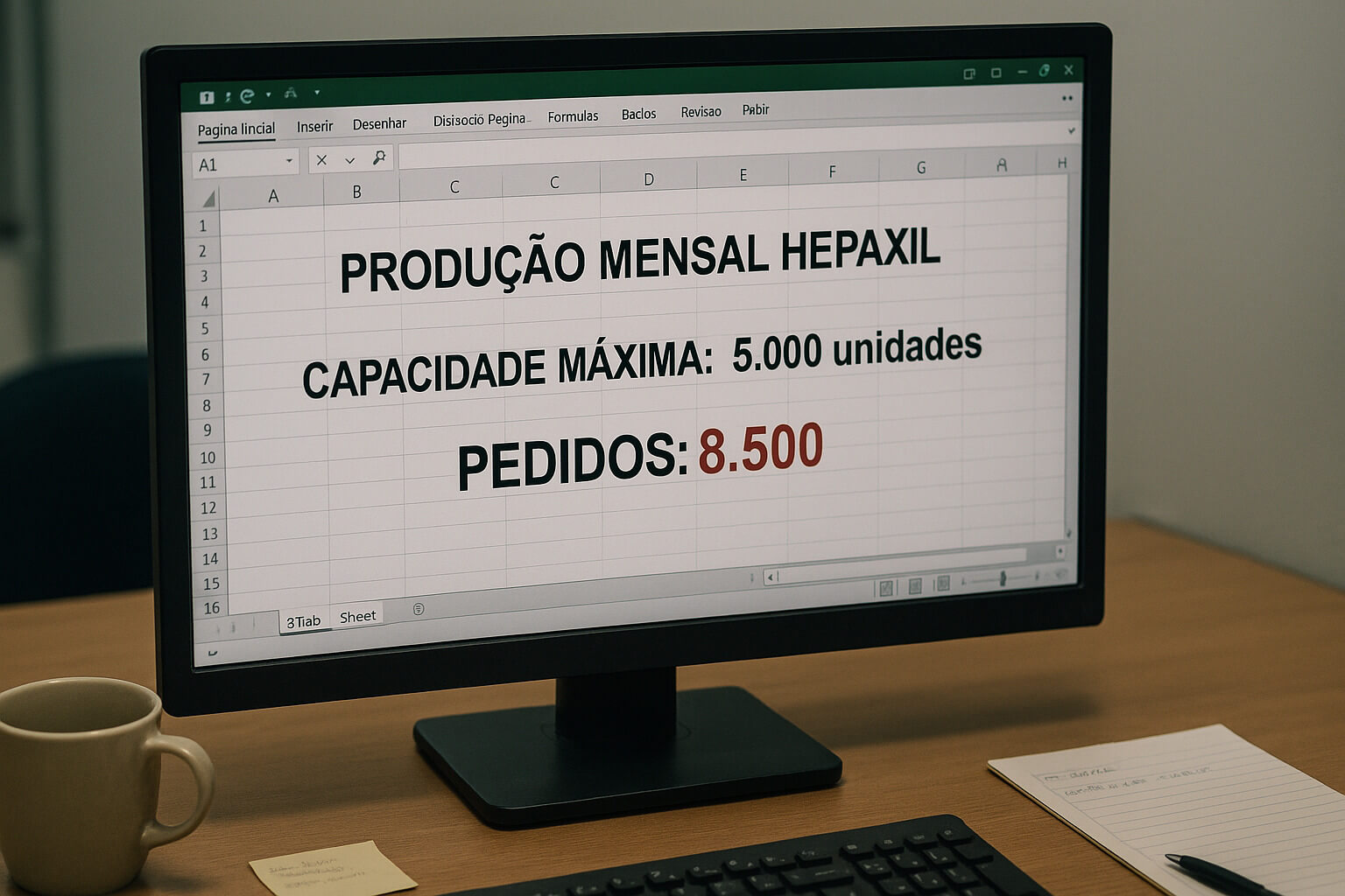 Planilha de produção mostrando limite de 5.000 unidades/mês