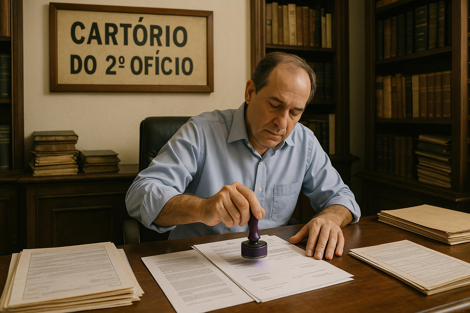 Cartório com tabelião carimbando documento