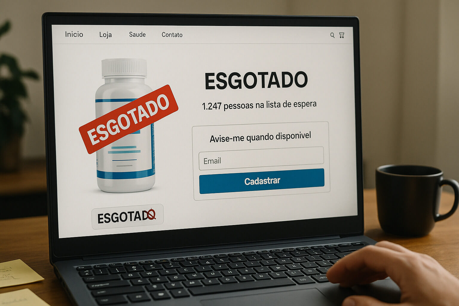Site mostrando 'PRODUTO ESGOTADO' com contador de lista de espera