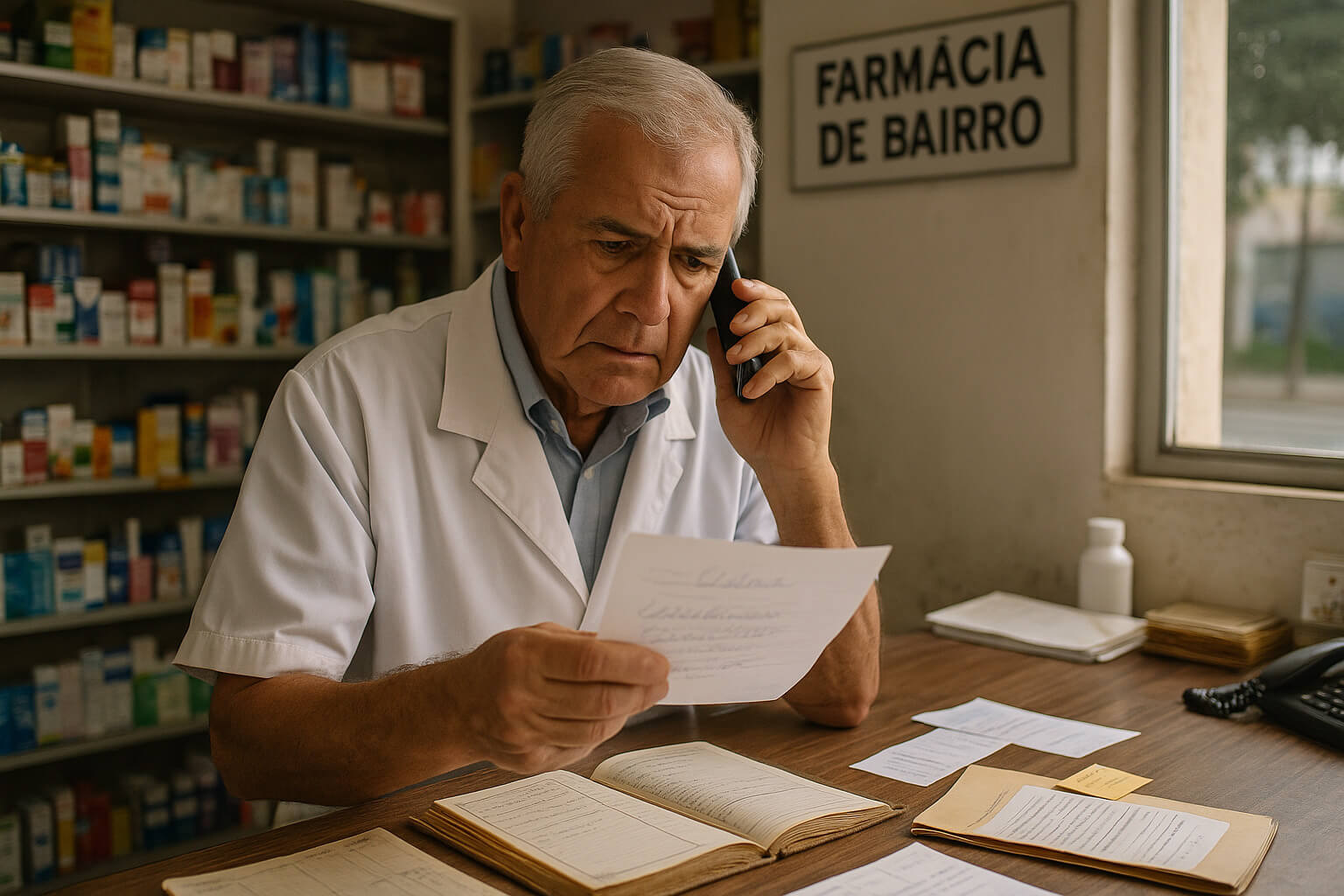 Farmacêutico idoso em farmácia de manipulação, expressão preocupada