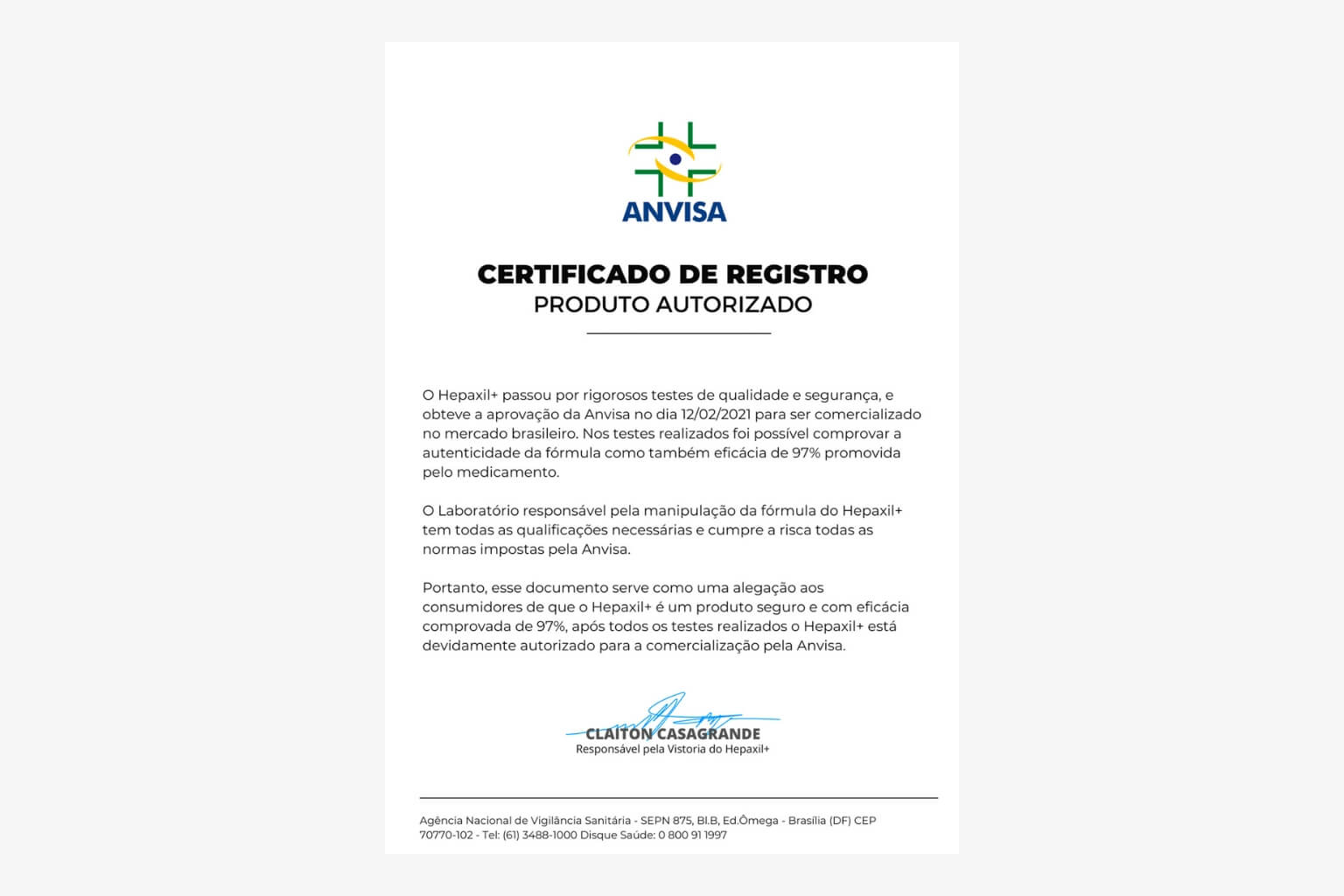 Certificado da ANVISA com selo oficial e número de registro