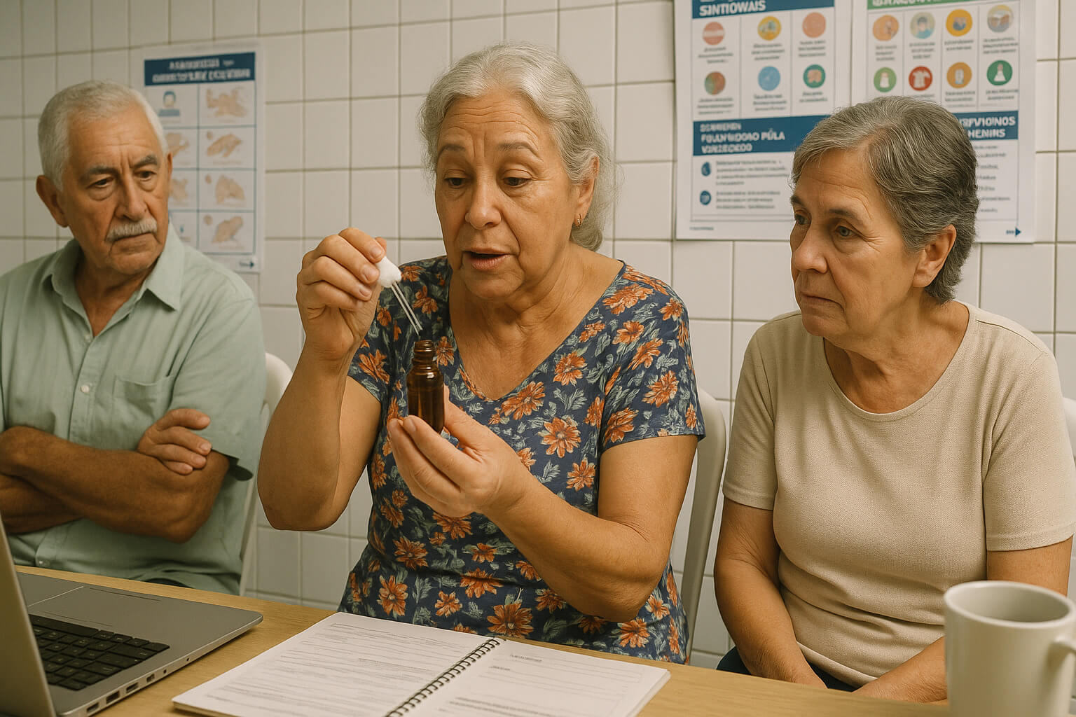 Dona Tereza como voluntária, orientando outros pacientes