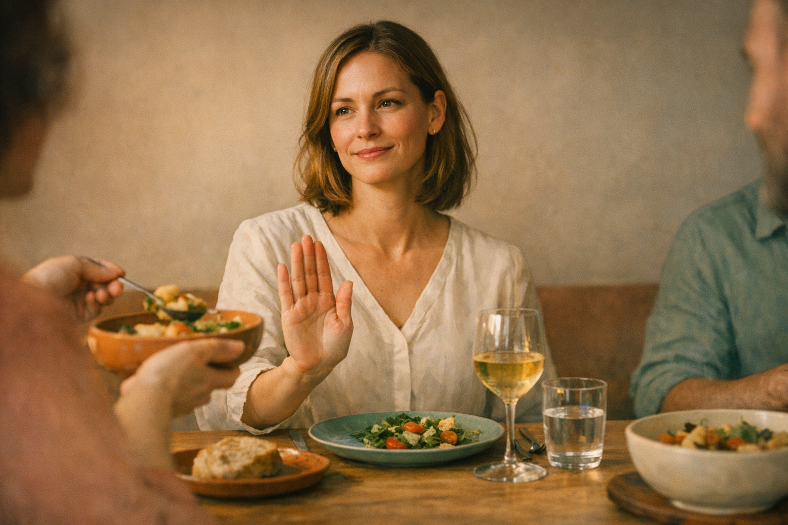 A person sitting at a dinner table with friends, politely declining food while maintaining a calm confident expression, warm restaurant lighting, photorealistic style