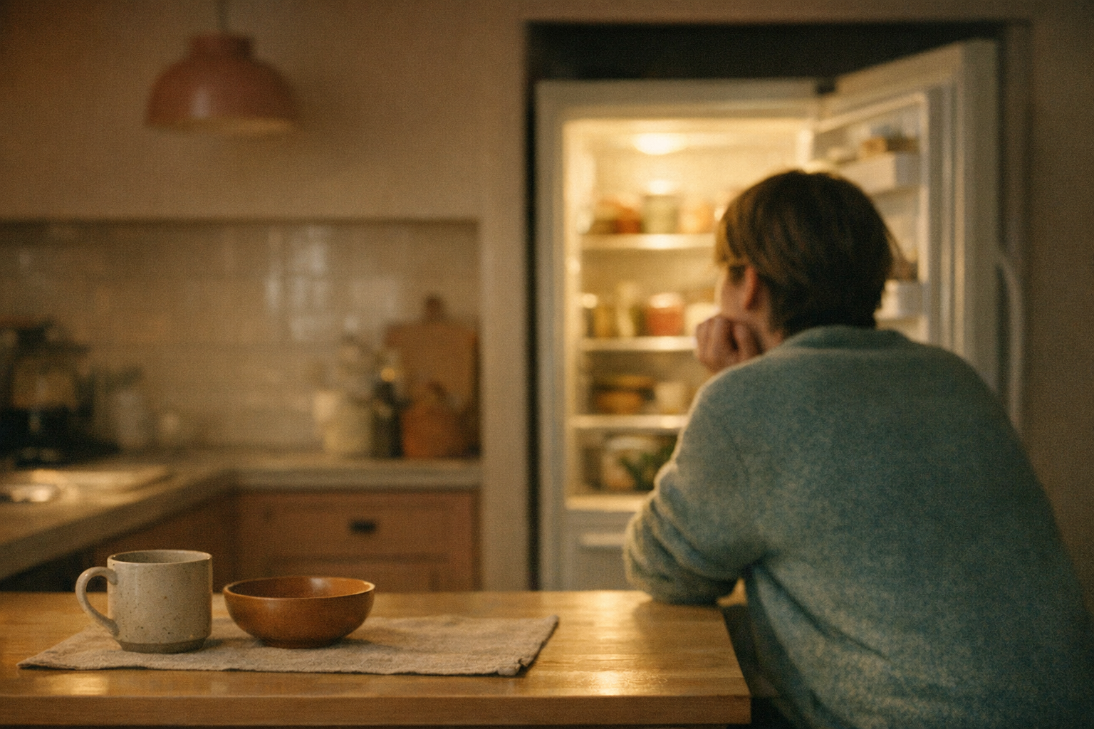 person sitting at kitchen counter at night, looking contemplatively at open fridge with soft interior light, cozy realistic home setting, warm lighting, thoughtful mood, photorealistic style