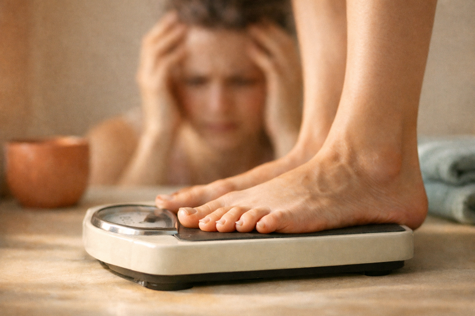 Close-up of person's feet standing on bathroom scale, morning light, soft focus on confused expression, realistic photography, muted tones, showing frustration and confusion
