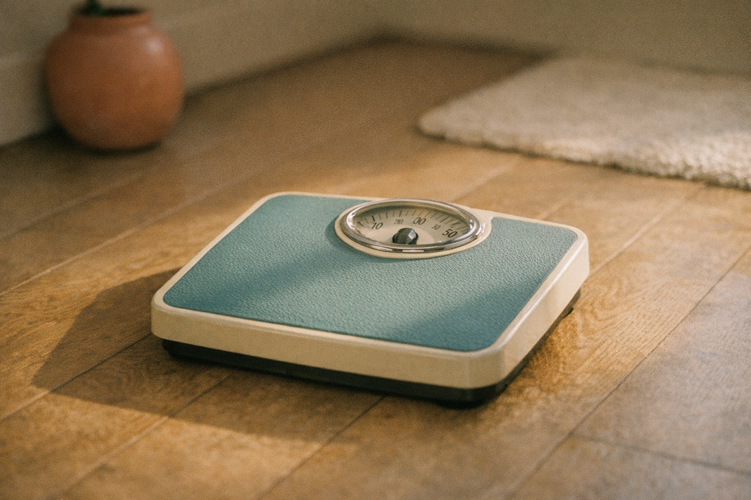 A bathroom scale on wooden floor with morning sunlight, neutral tones, realistic photography, shallow depth of field, no text or graphics