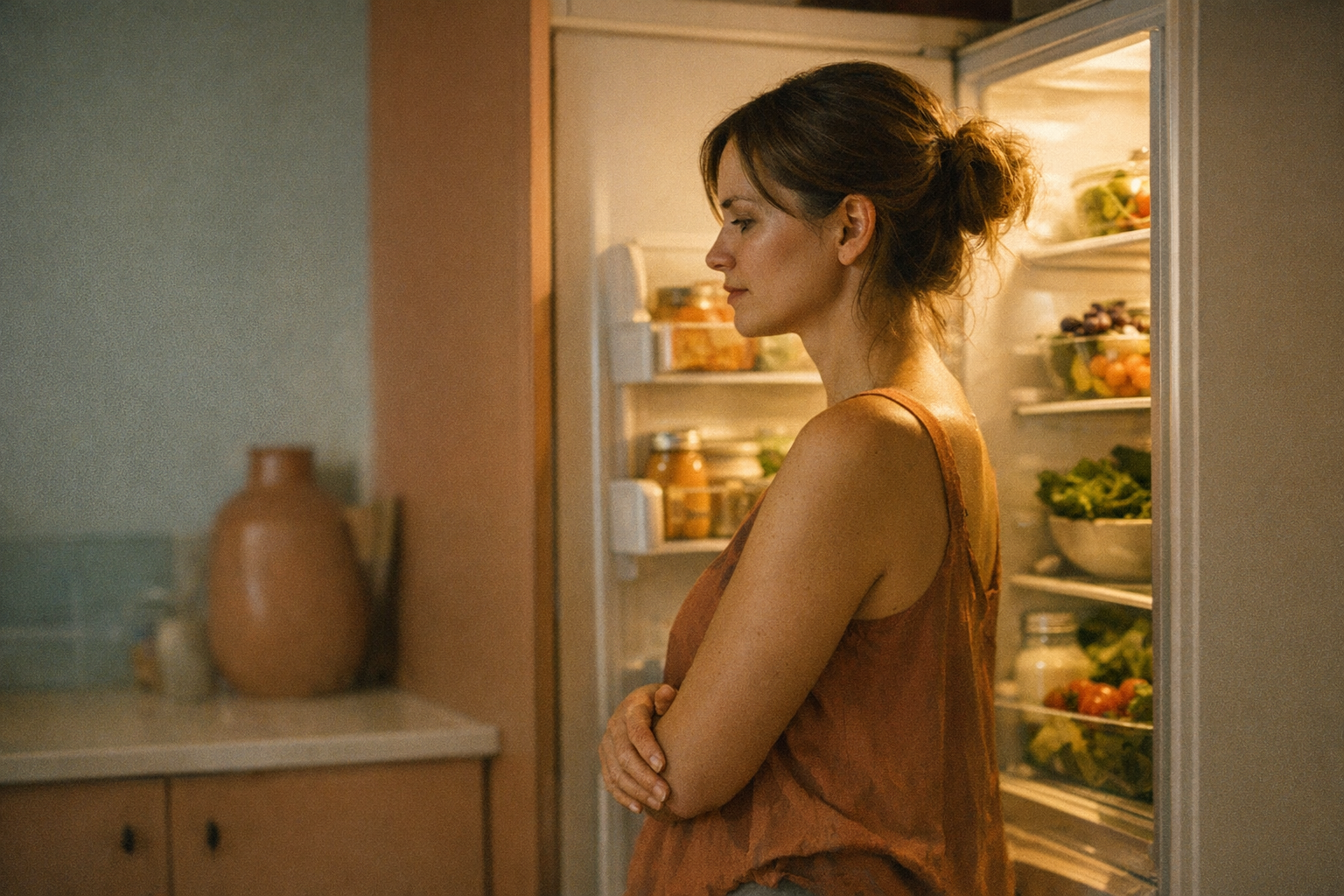 Photorealistic image of a woman standing in front of an open refrigerator late at night, soft kitchen lighting, contemplative expression, healthy food visible inside fridge, warm domestic interior, shot from side angle