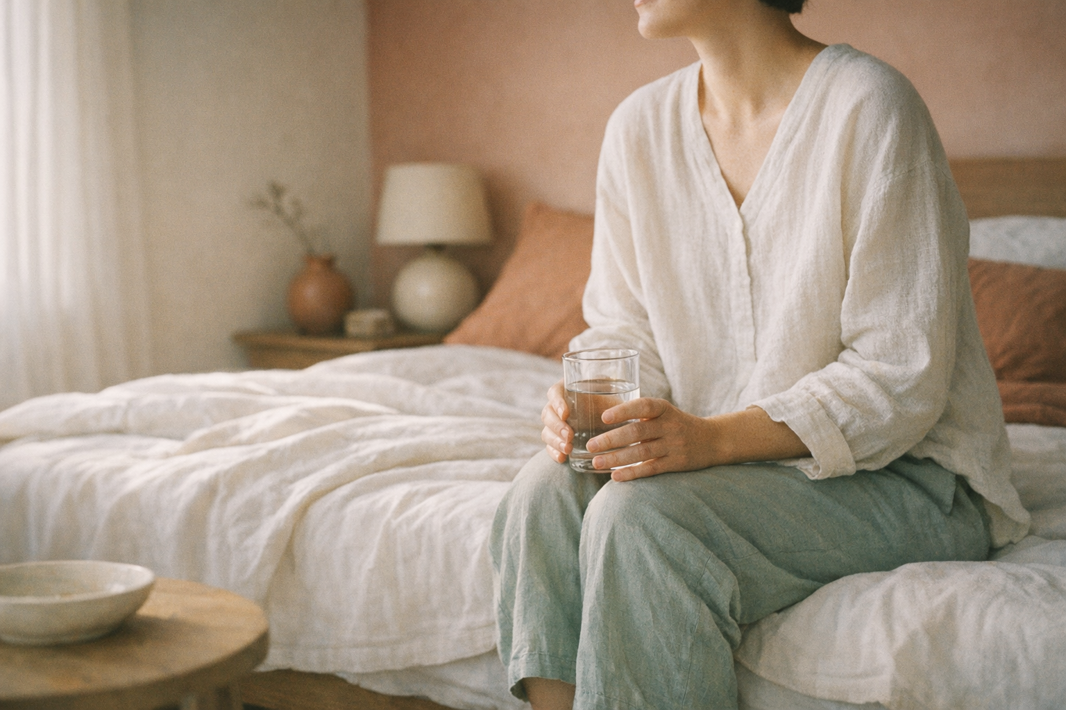 Photorealistic image of a person sitting on bed edge in morning light, looking contemplative but hopeful, holding a glass of water, soft natural lighting, peaceful bedroom setting, showing gentle self-care moment