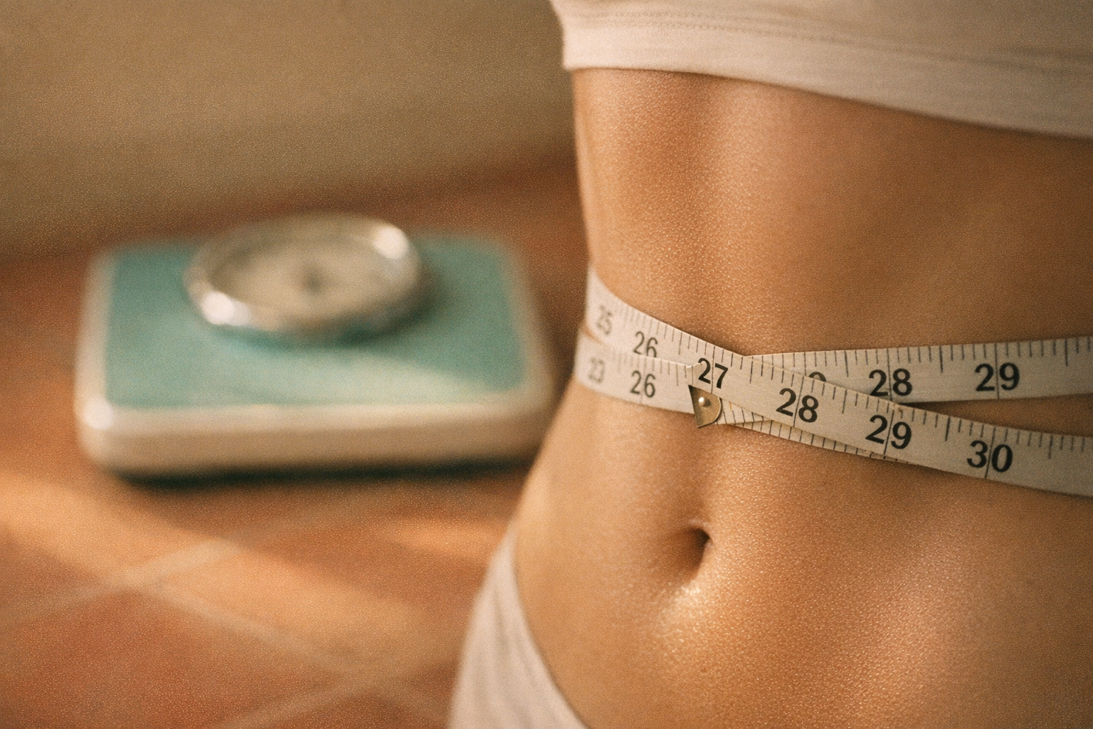 Close-up photo of a measuring tape wrapped around a woman's waist, with a bathroom scale blurred in the background, natural lighting, health and fitness theme