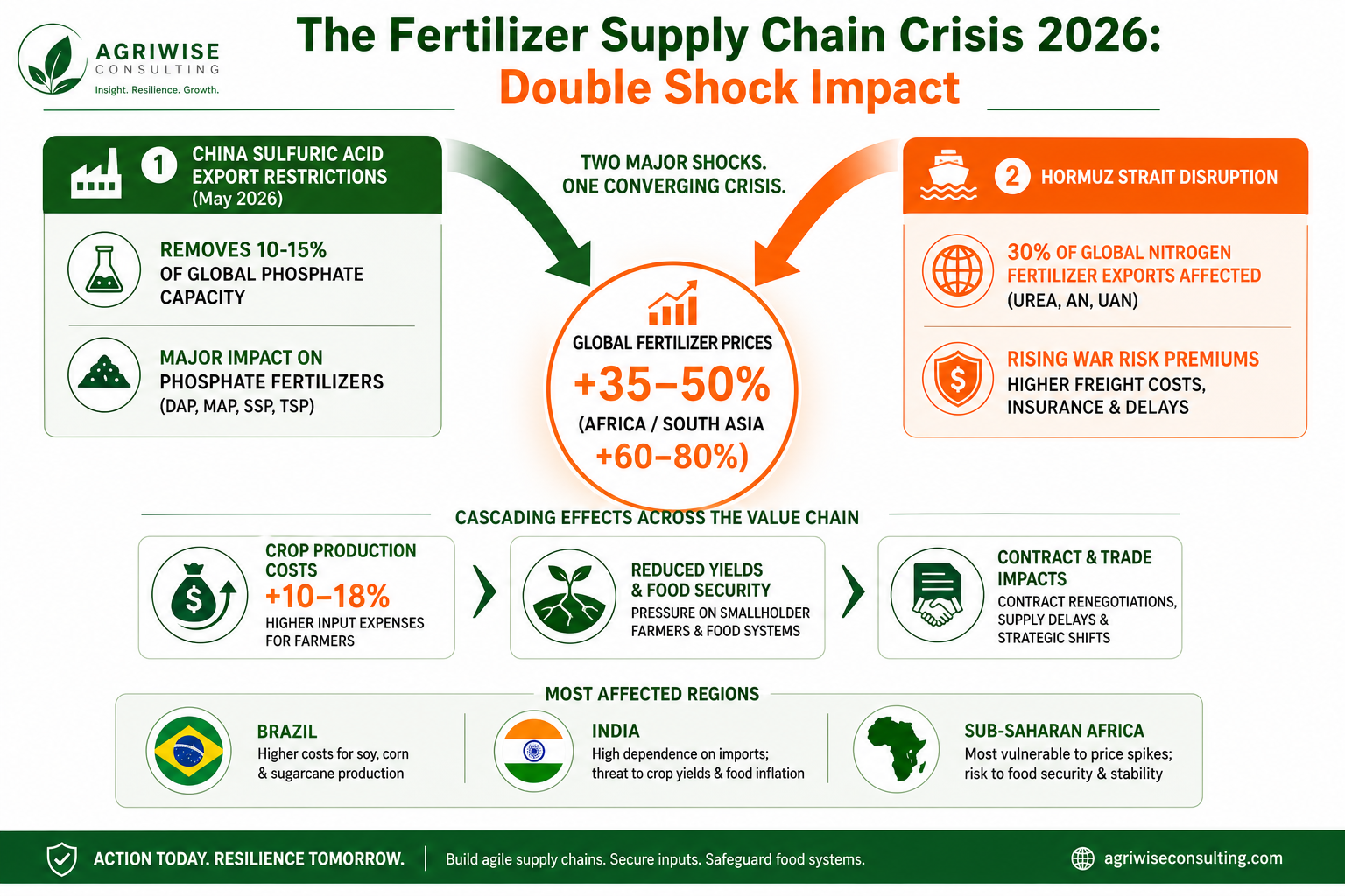 Fertilizer supply chain double shock flow diagram: China restrictions plus Hormuz disruption
