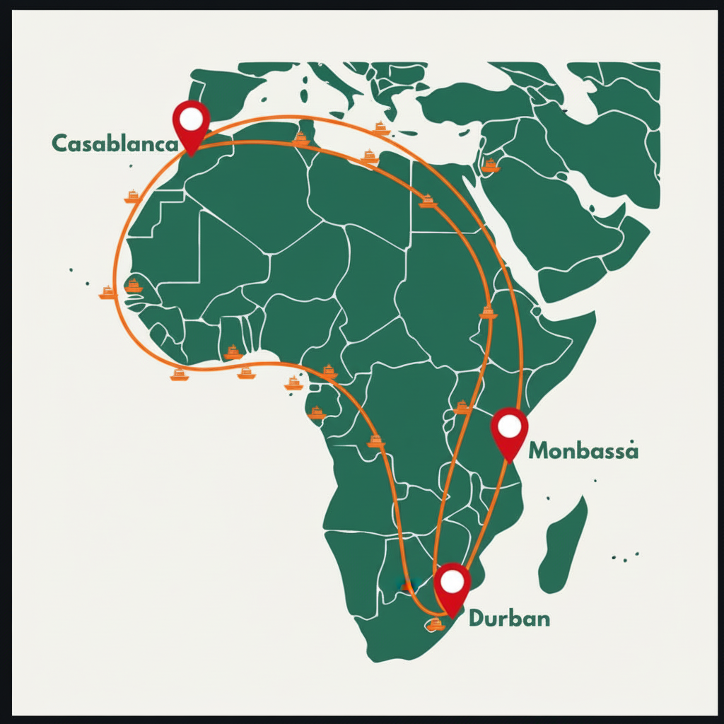 Map of African trade routes showing connections between major ports like Mombasa, Durban, and Casablanca