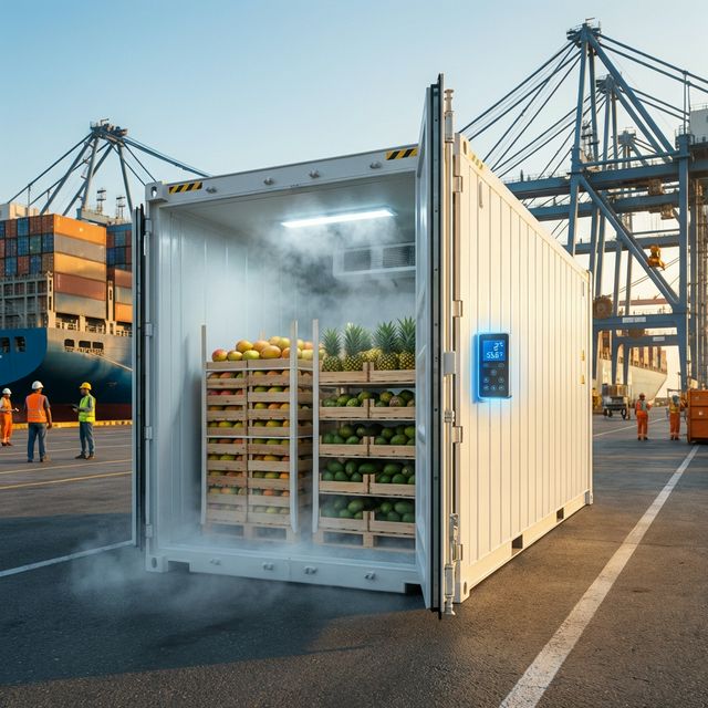 Open reefer container loaded with fresh tropical fruits at a port terminal with cold mist and cargo cranes in the background