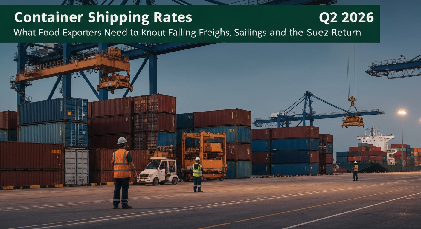 Container ship at sea with freight rate chart overlay showing Q2 2026 trends
