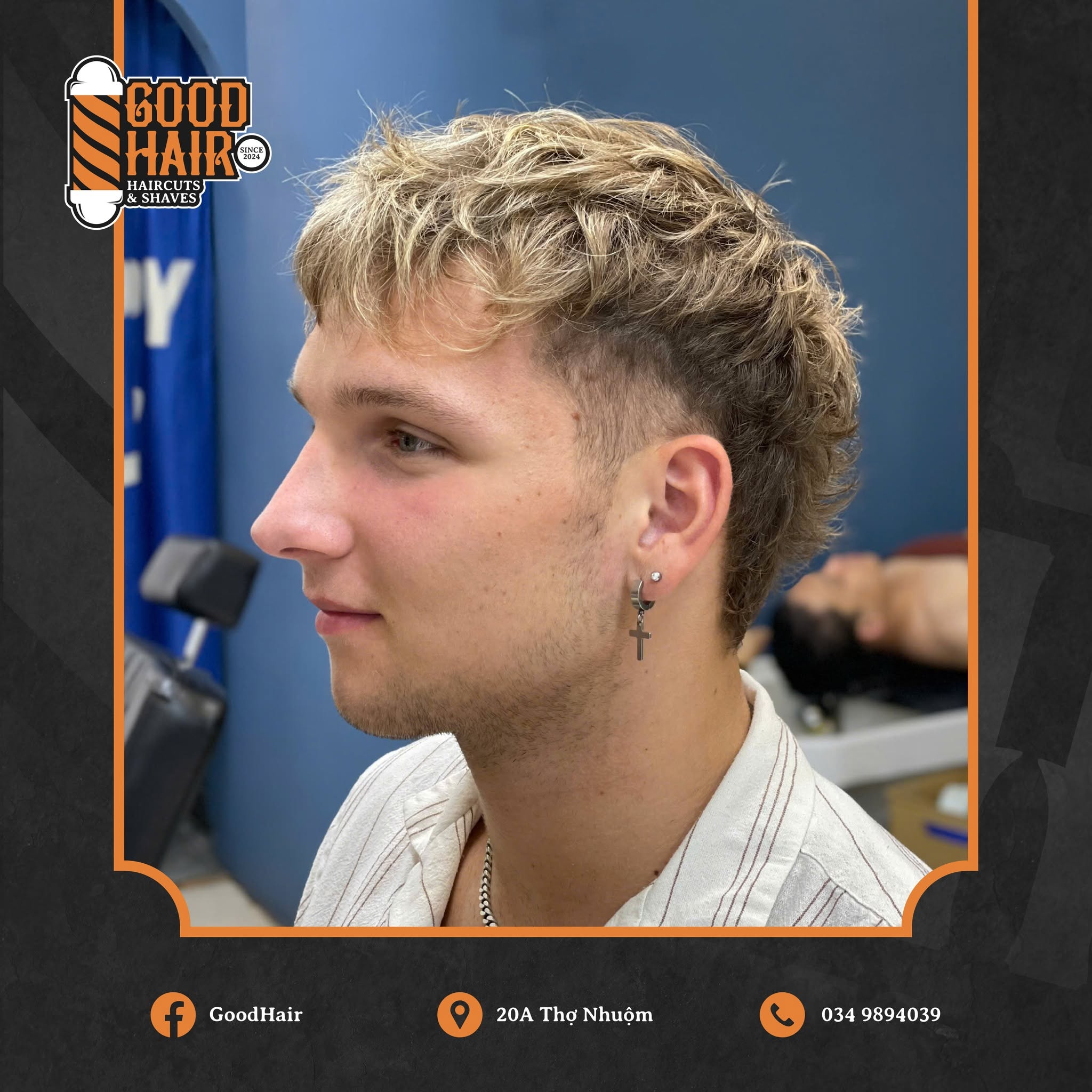 Low fade with a hard part, seen from behind