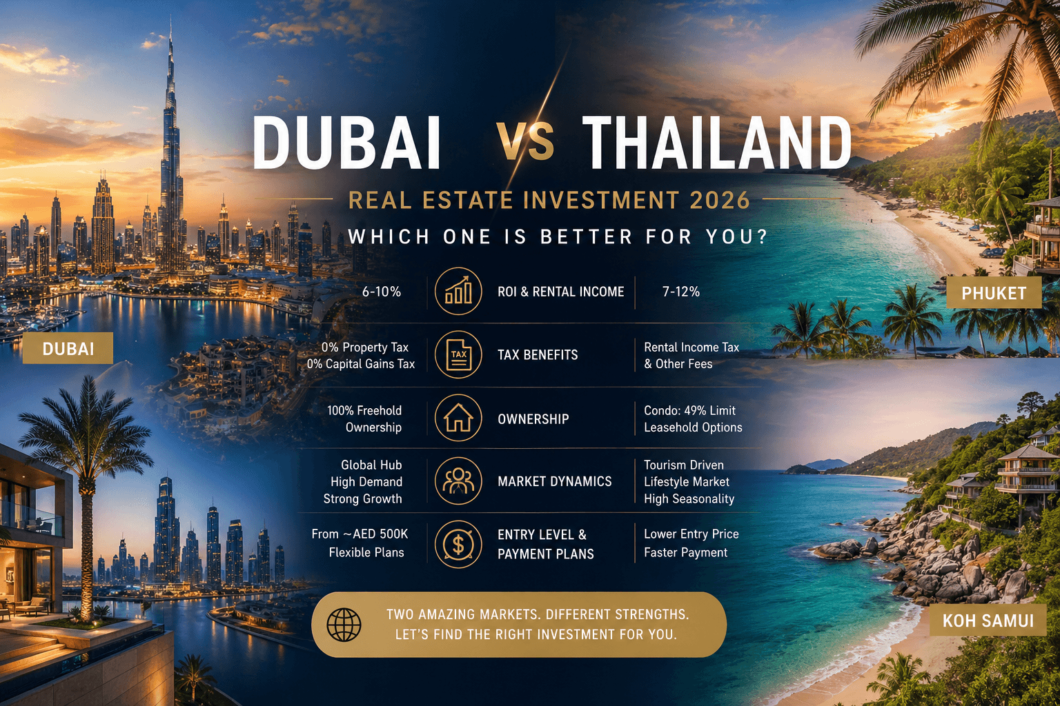 Dubai vs Thaiföld Ingatlanbefektetés 2026: Phuket és Koh Samui összehasonlítása