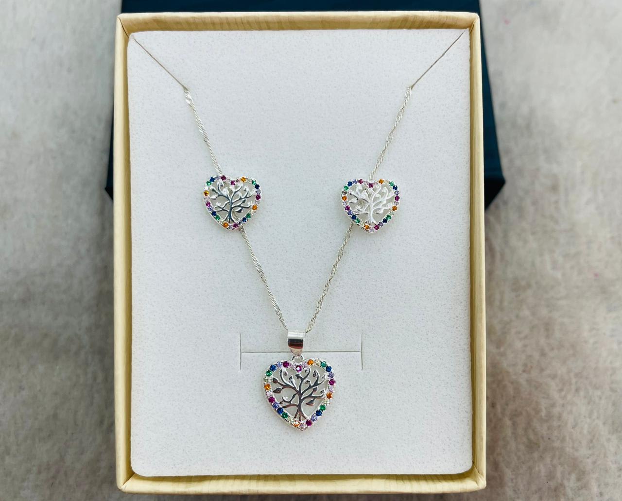 Juego de Plata Corazón Multicolor Árbol de la Vida