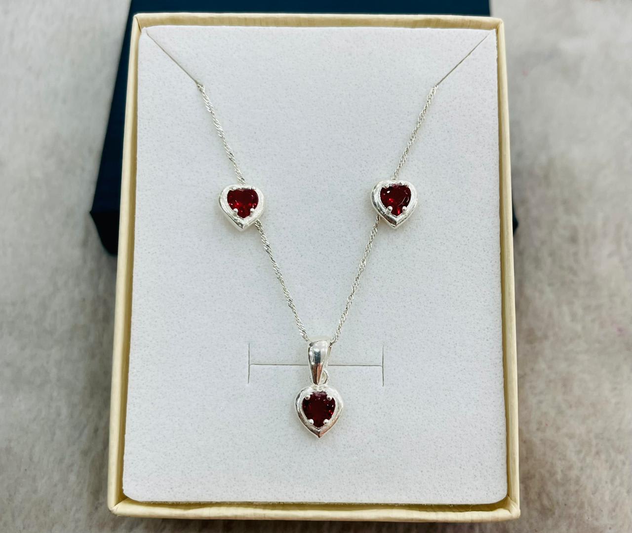 Juego de Plata Corazón Circón Rojo