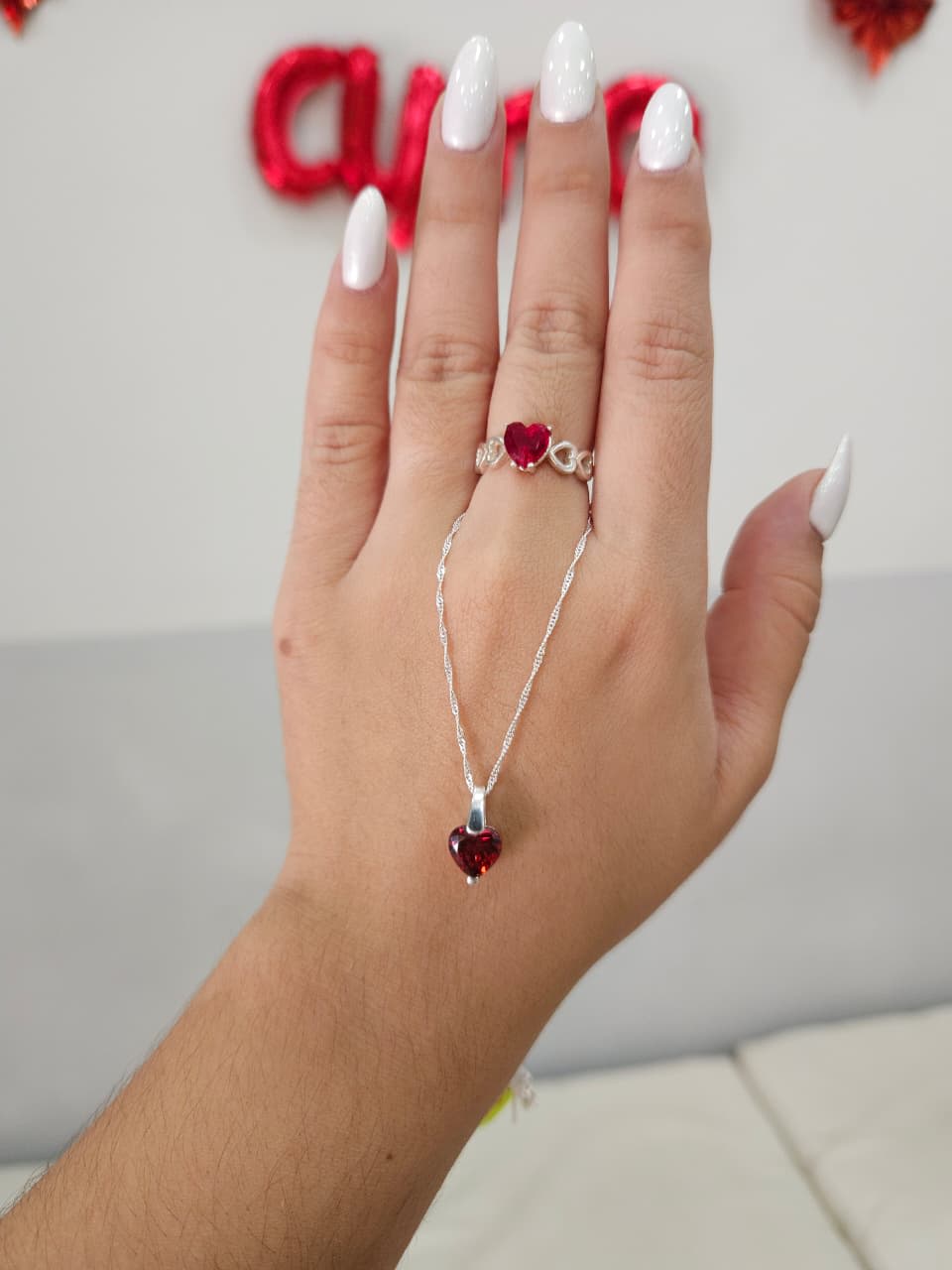 Cadena de Plata con Dije Carmesí + Anillo Rojo Carmesí