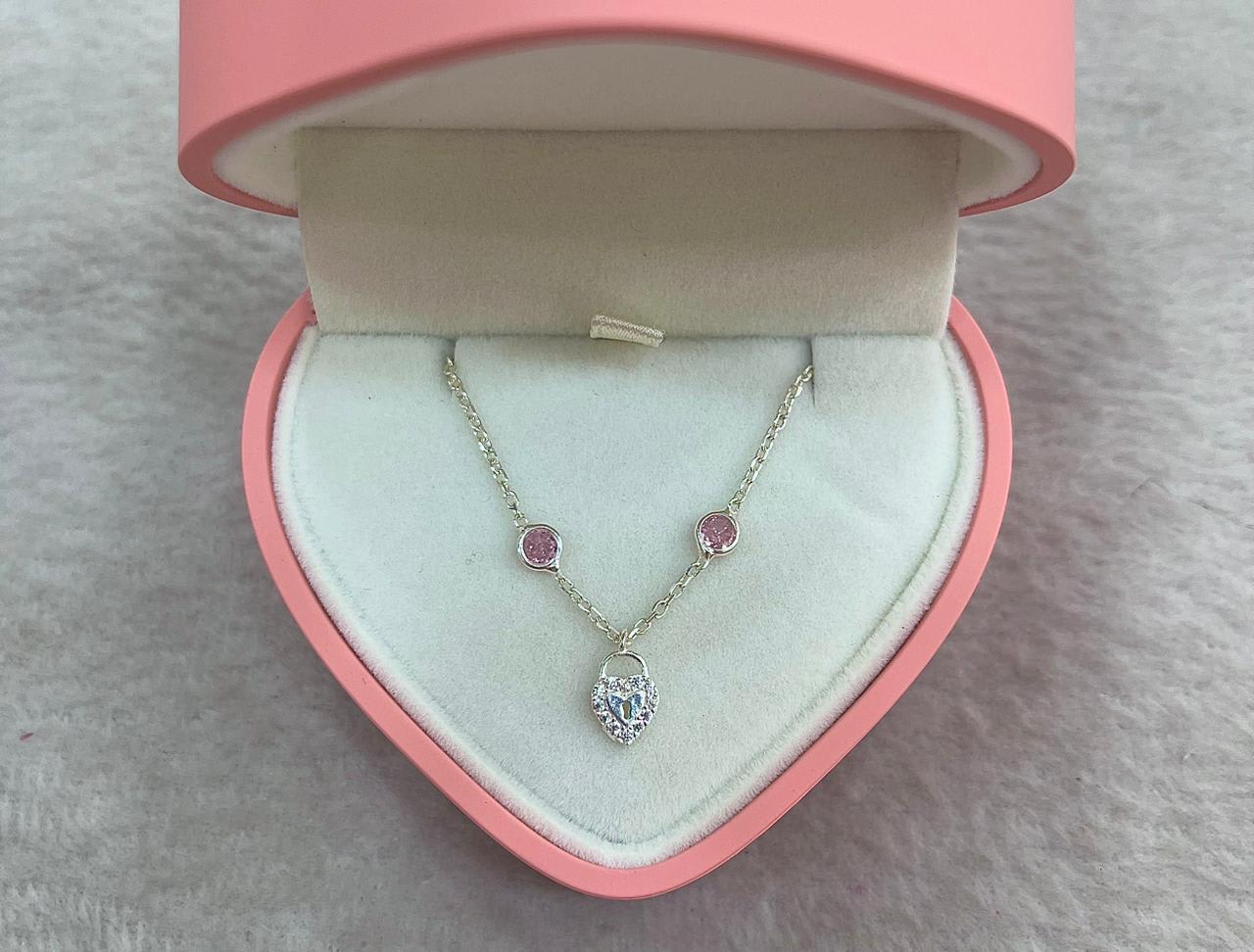 Pulsera de Plata con Piedras Rosas y Corazón Candado