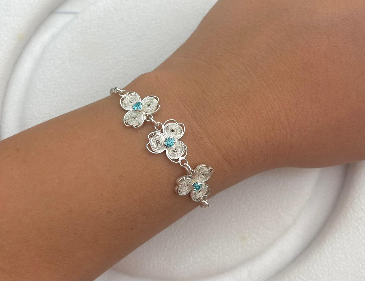 Pulsera de Filigrana Trébol con Agua Marina Central
