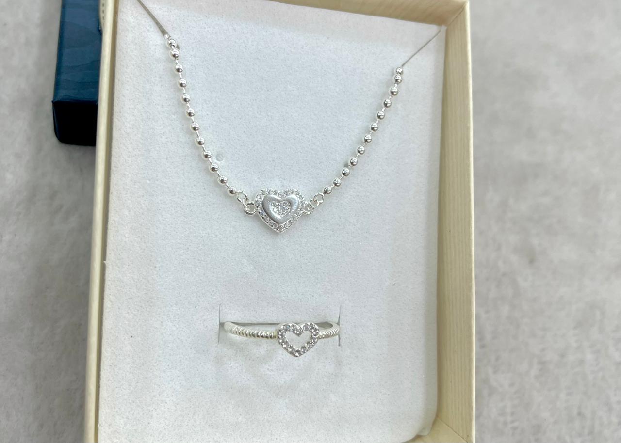 Juego de Plata Corazón Circón Blanco