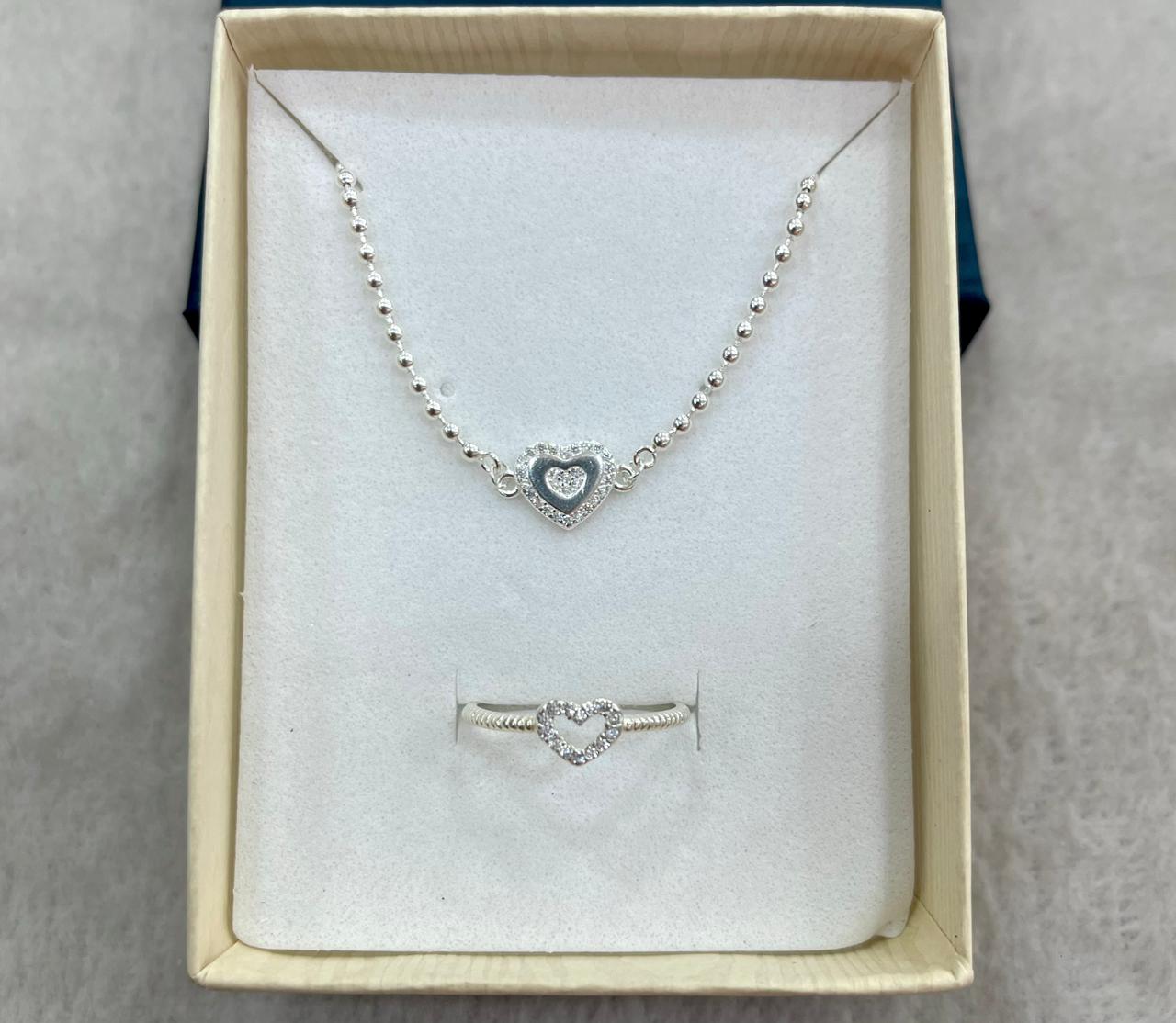 Juego de Plata Corazón Circón Blanco