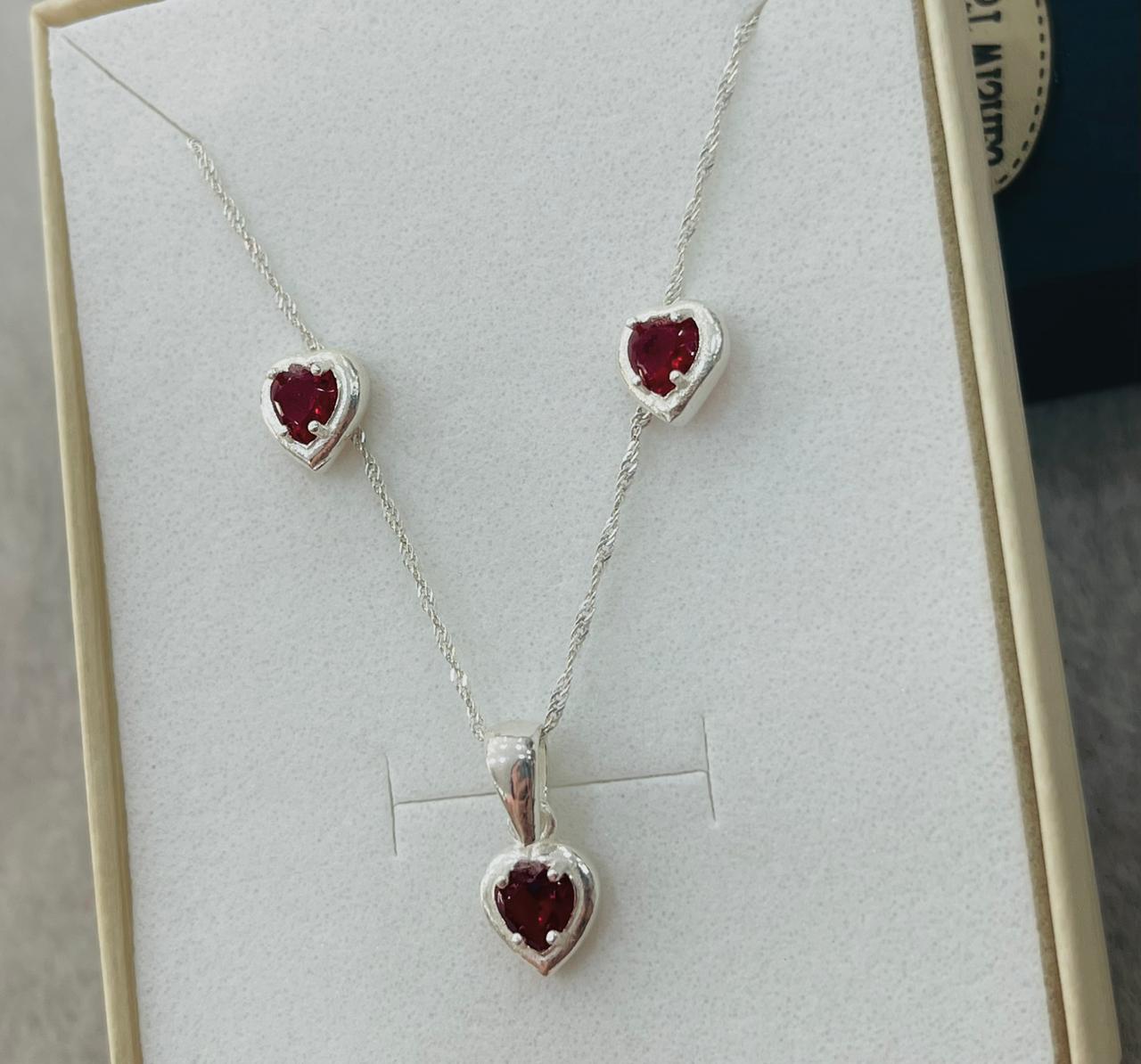Juego de Plata Corazón Circón Rojo