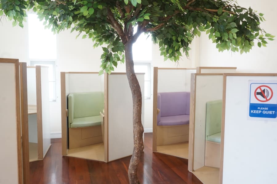 Quiet study nooks beneath an indoor tree at WeLearn.