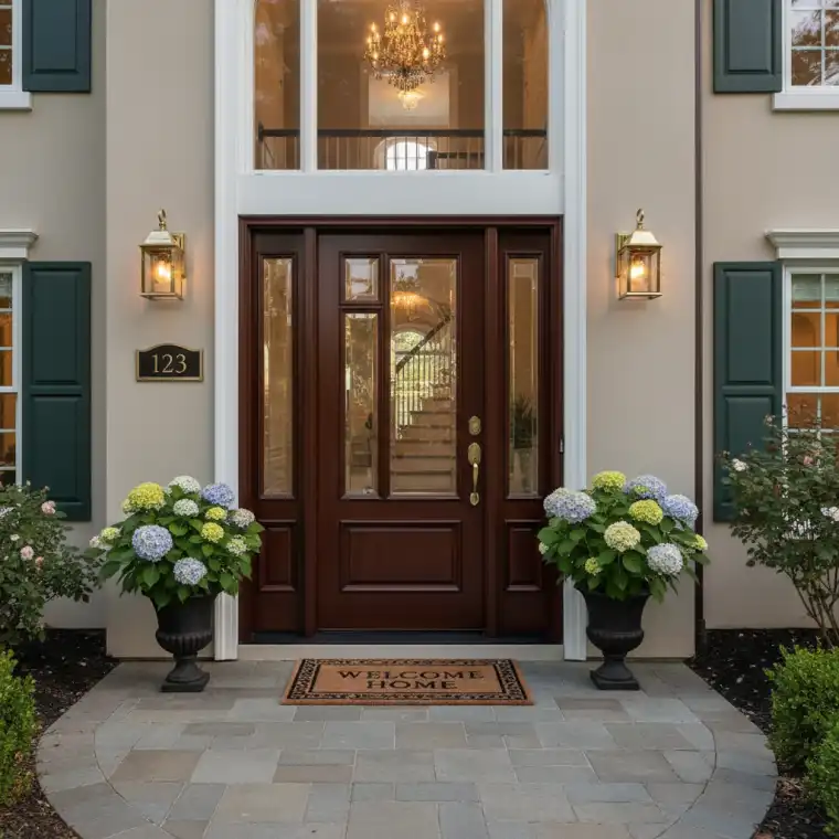 A modern, stylish front door with glass panels and a sleek handle, radiating curb appeal.