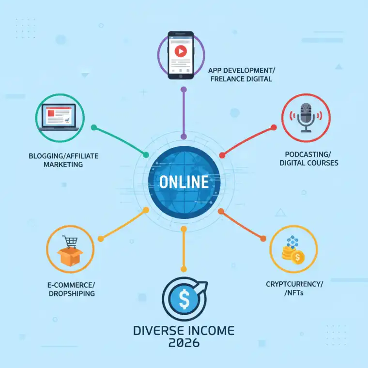 شخص يعمل على جهاز كمبيوتر محمول مع أيقونات تمثل طرق الربح من الإنترنت المختلفة