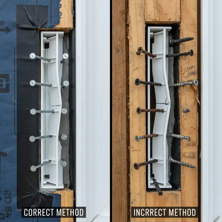 Close-up of a window flange being installed with a focus on proper sealing