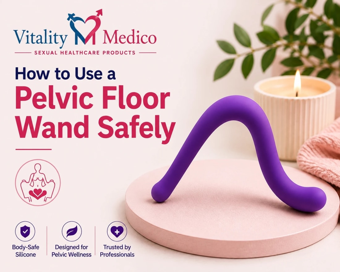 How to Use a Pelvic Floor Wand Safely by Vitality Medico featuring a body safe silicone pelvic floor wand for pelvic muscle therapy, trigger point release, and pelvic wellness.