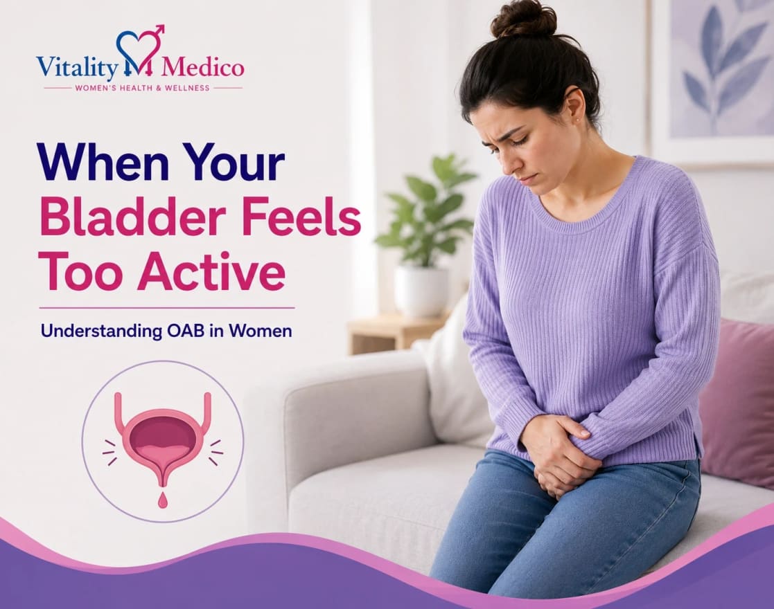 Woman experiencing overactive bladder symptoms with bladder illustration, representing urinary urgency, frequent urination and bladder leakage.