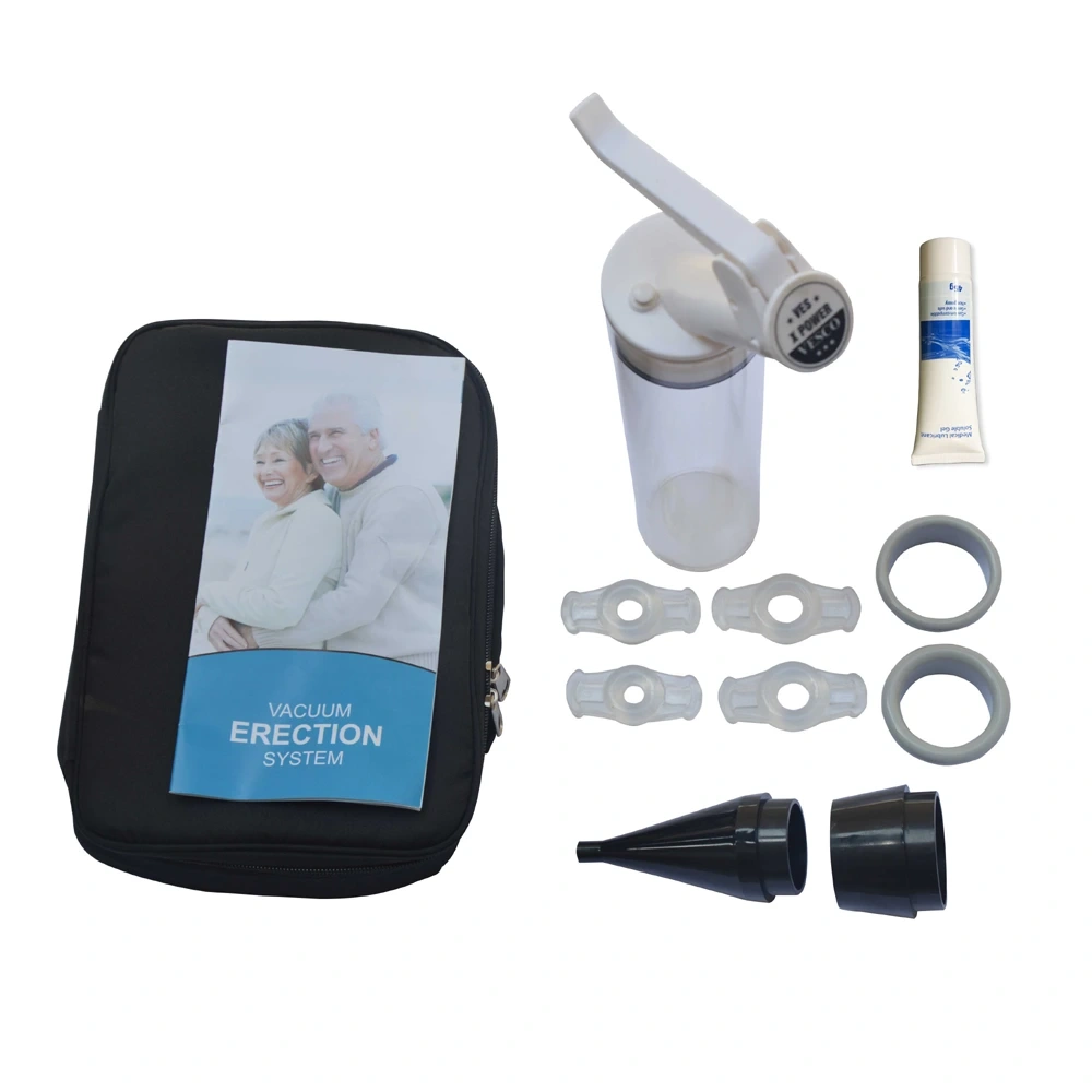 MaxPro Vacuum Erection System kit including manual pump, vacuum cylinder, tension rings, loading cone, and water-based lubricant for ED therapy.