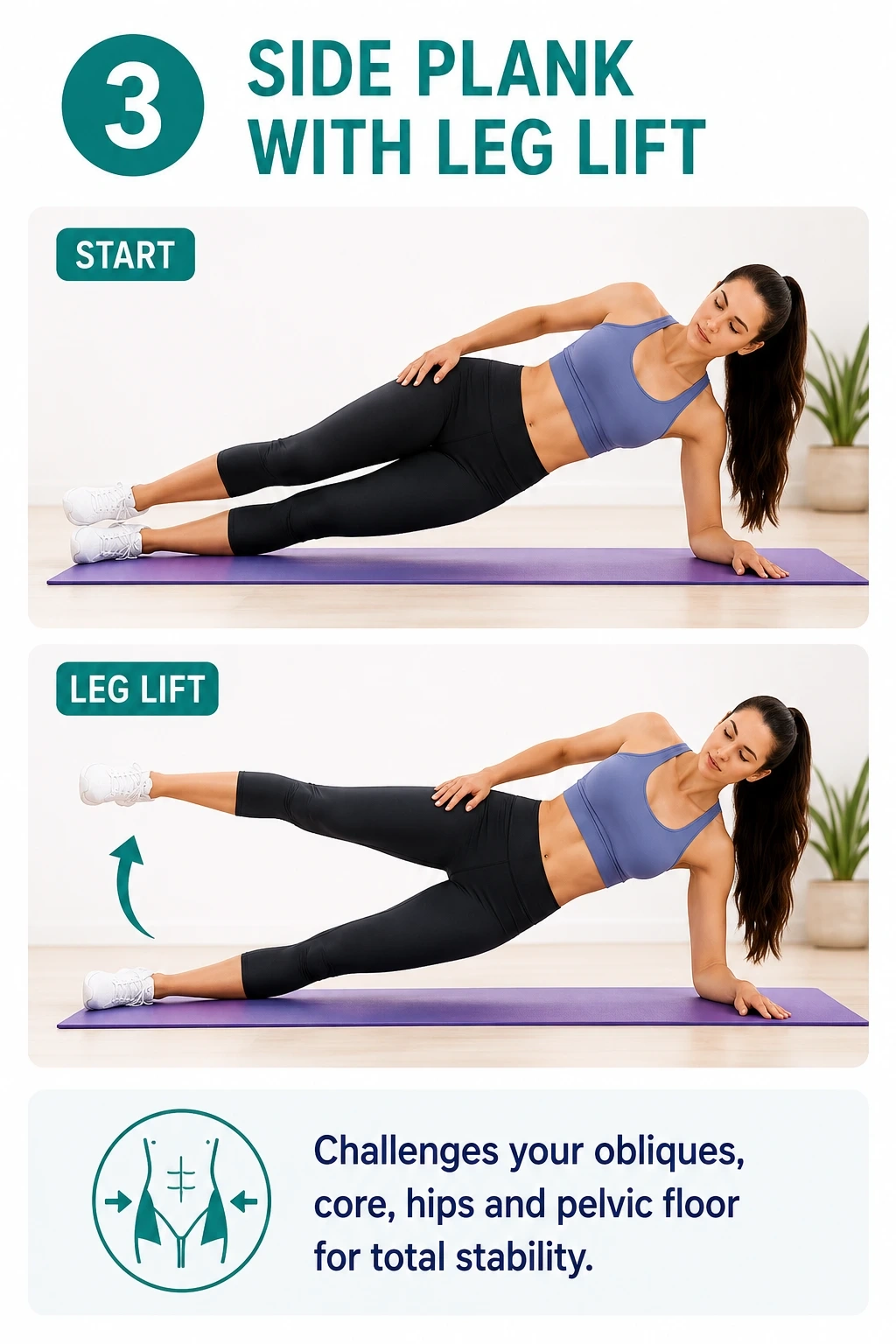 Woman performing a side plank with leg lift to strengthen the core and pelvic floor.