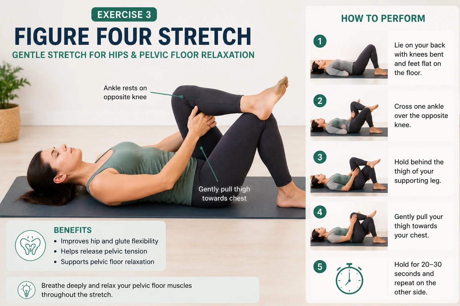 figure four stretch to relax tight pelvic floor muscles, improve hip flexibility, and reduce pelvic muscle tension.
