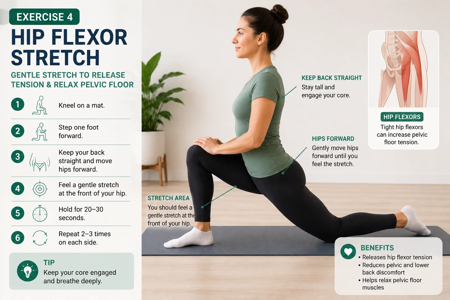 hip flexor stretch to relax tight pelvic floor muscles, improve hip mobility, and reduce pelvic muscle tension