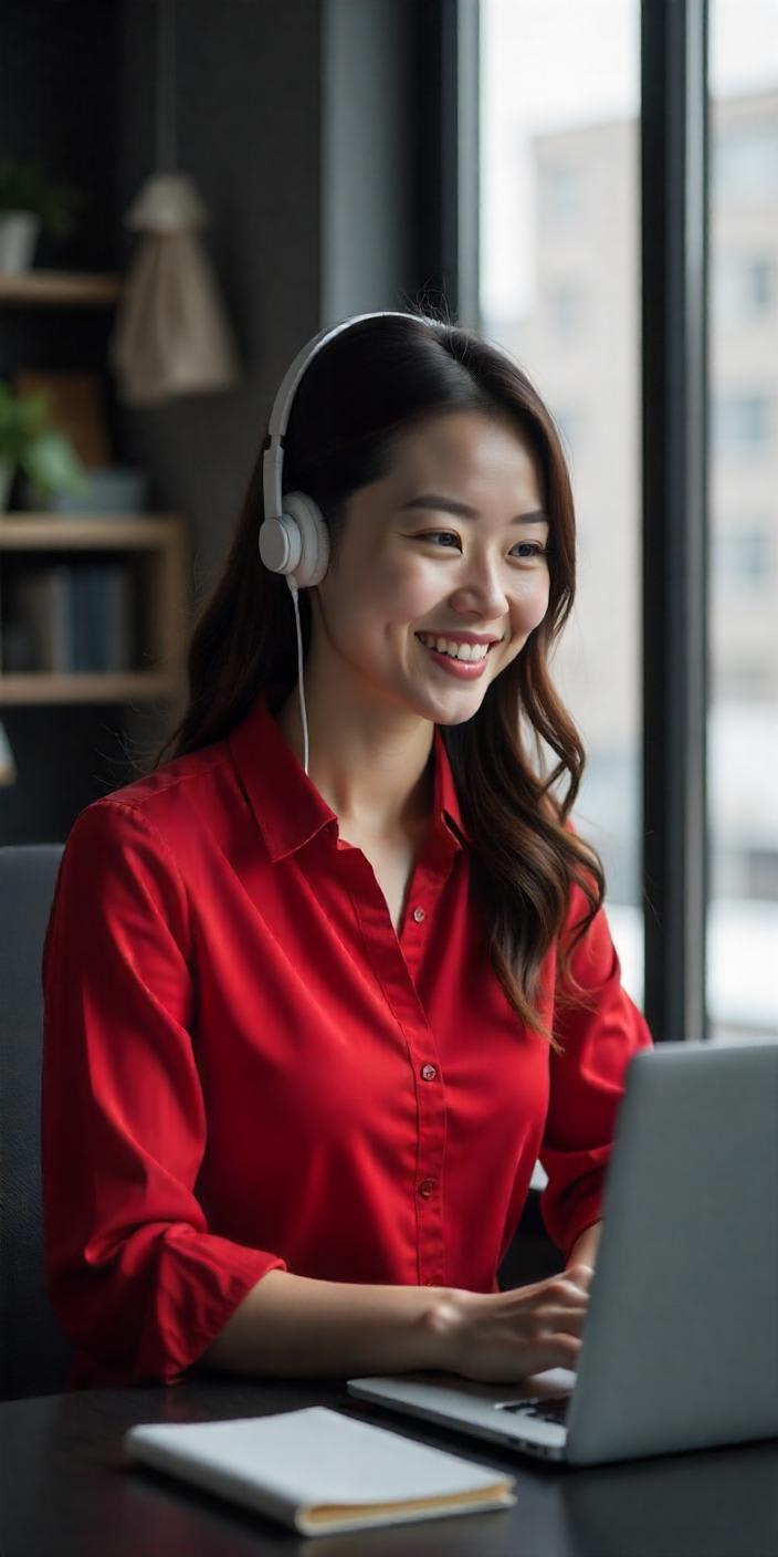 Smiling support agent in a red shirt and headphones working on a laptop in a modern office