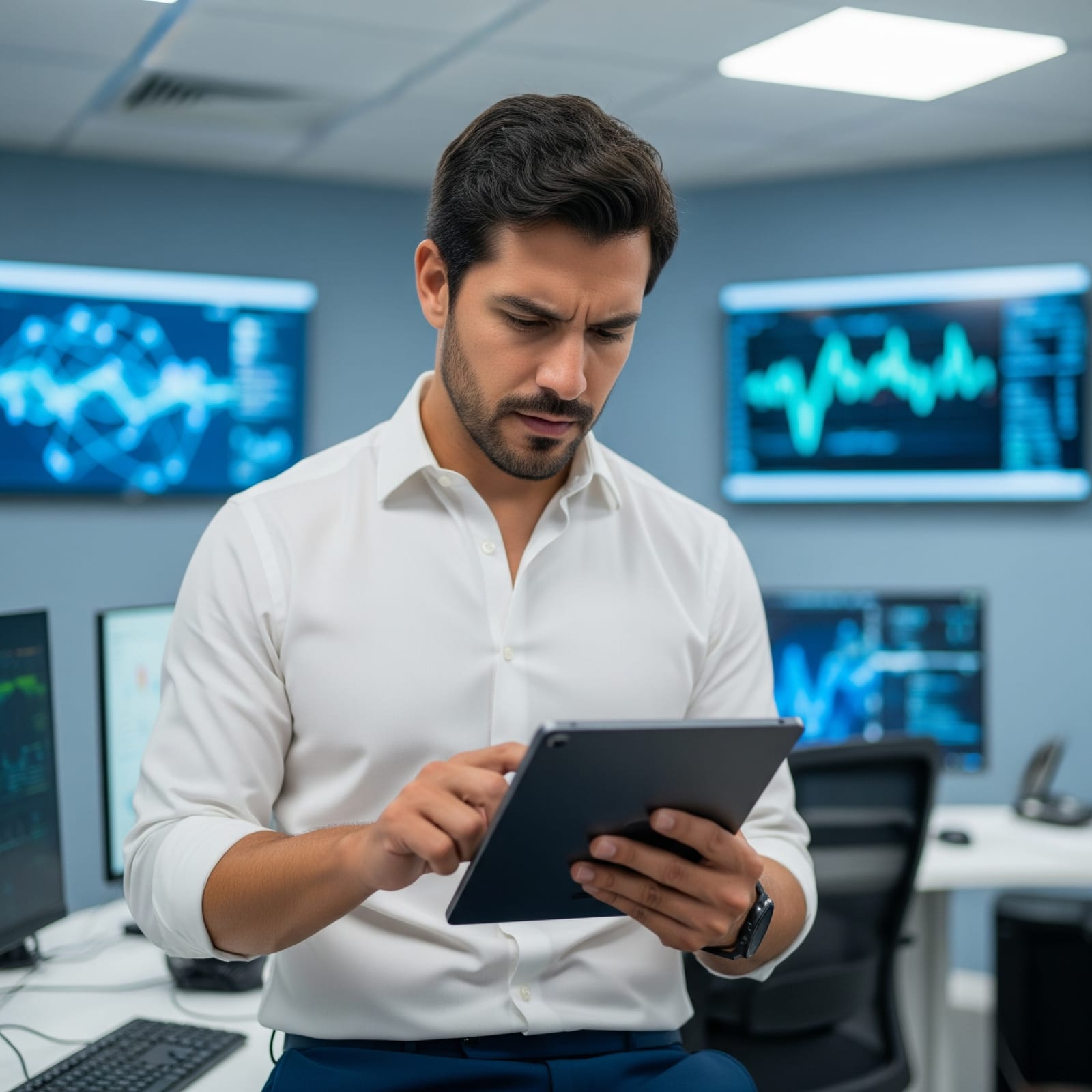 Engineer in a network operations center reviewing signal waveforms on a tablet