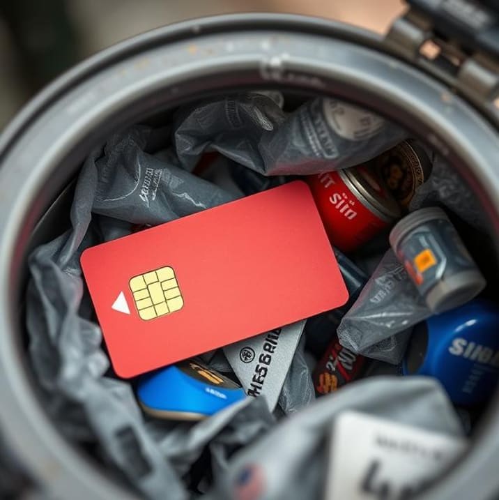 Discarded red SIM card amid trash, evoking SIM dumping fraud