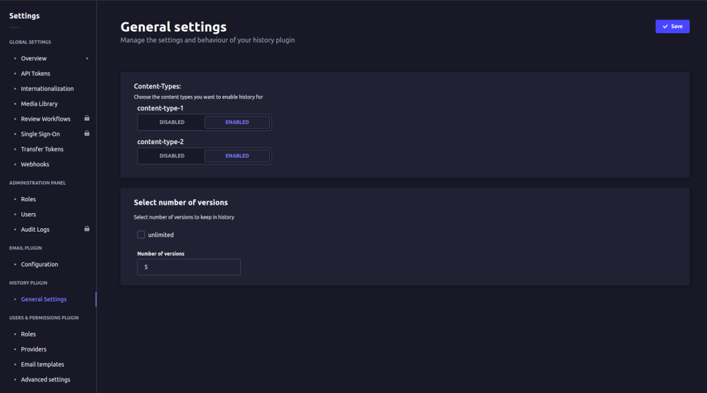general settings plugin strapi versioning