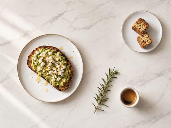 Avocado toast and Italian bruschetta on a white plate