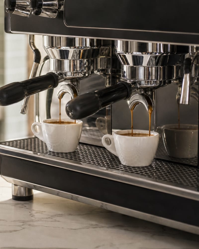 Doppio Co espresso machine mid-extraction — twin streams of espresso pouring into demitasses