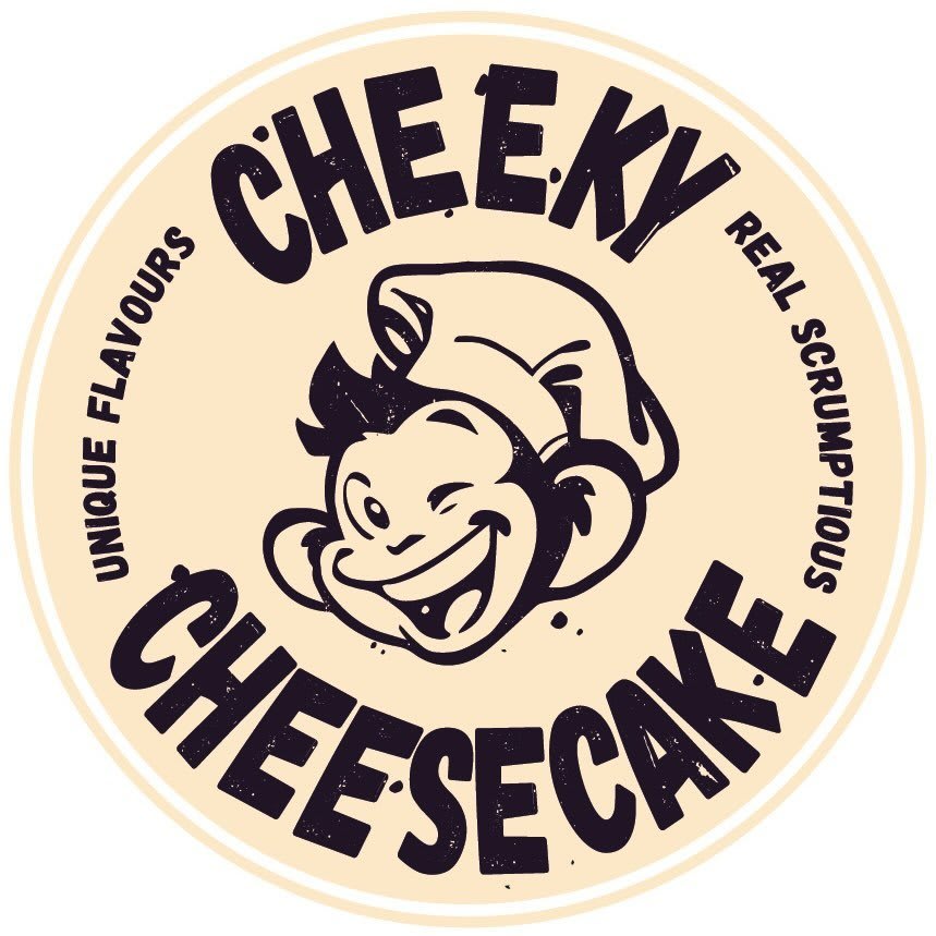 Cheeky Cheesecake circular logo — winking cartoon baker mascot in a chef's hat, with the words Unique Flavours · Real Scrumptious arc'd around the wordmark.