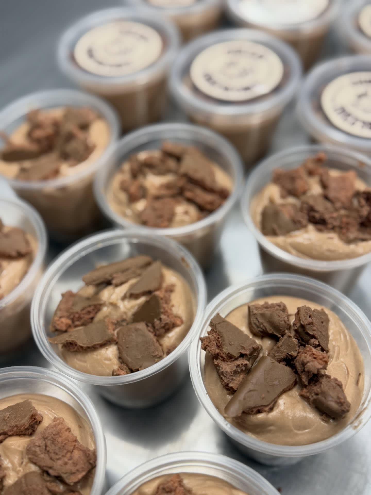 A batch of Tim Tam cheesecake cups lined up on the dark counter.