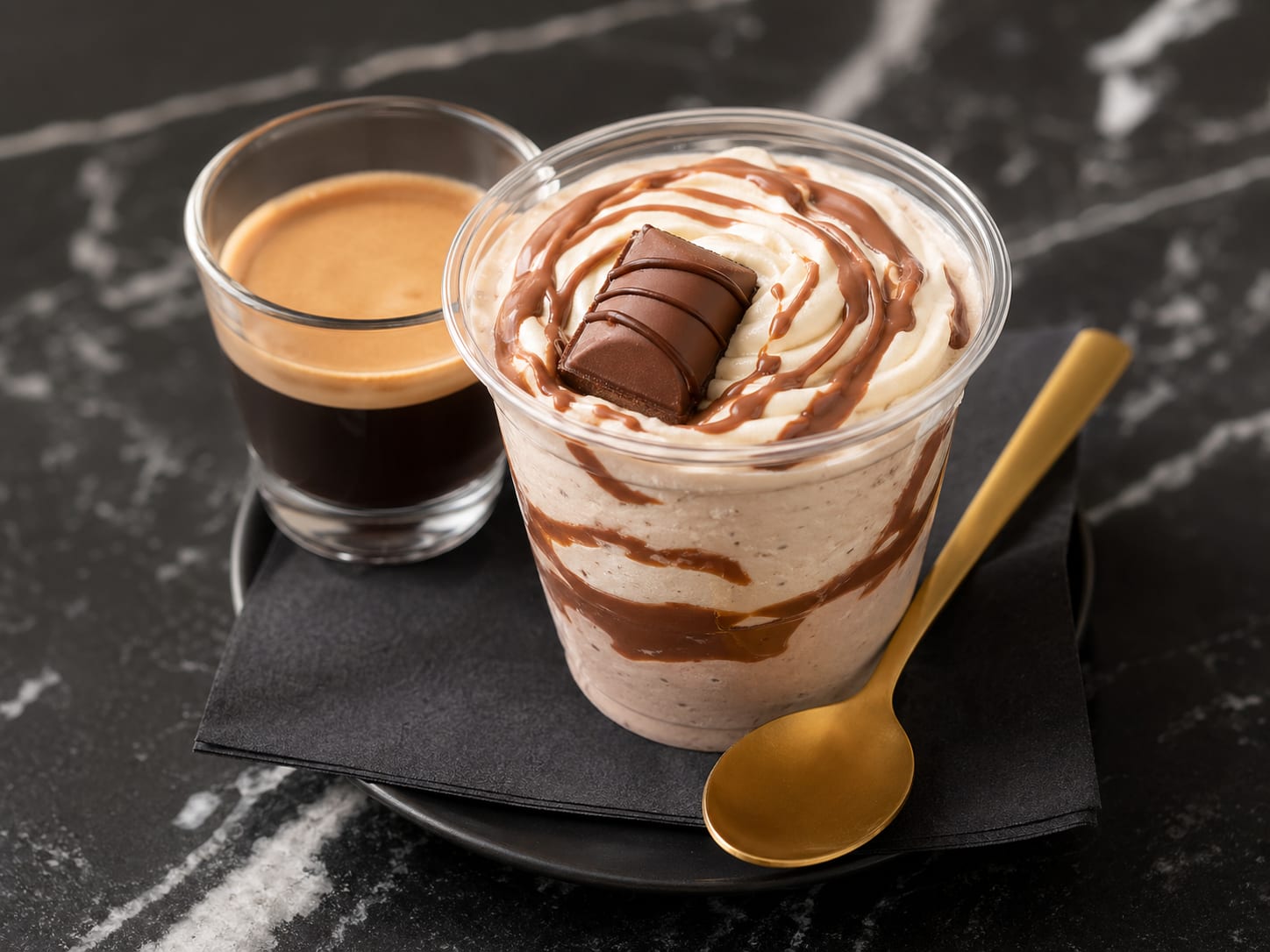 A cheesecake cup topped with whipped cream, chocolate drizzle and a Kinder Bueno piece, paired with a shot of espresso on a black plate with a golden spoon.